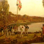 United Kingdom of Great Britain union flag raising by Arthur Philip of the First Fleet at Port Jackson, January 1788 claiming the east coast of Australia